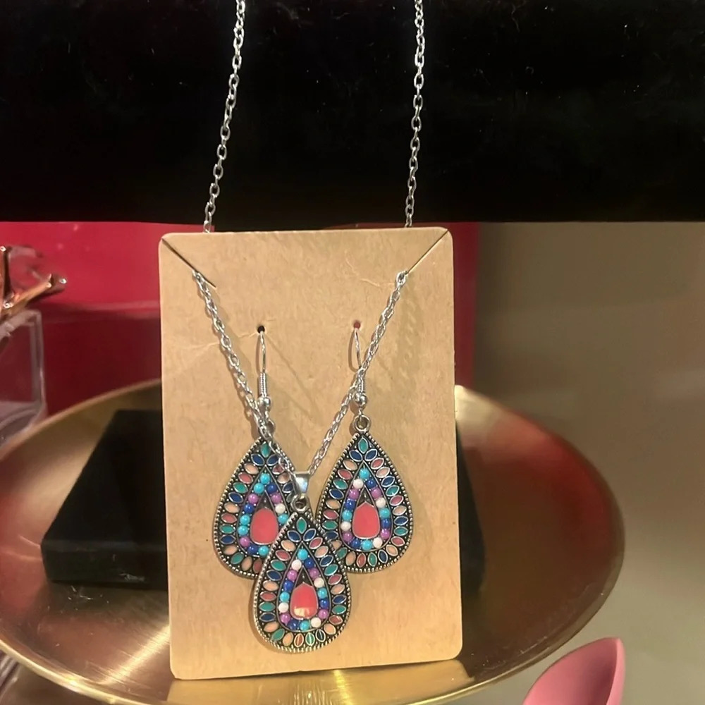 New Boho Necklace and Earring Set Adjustable Sterling Silver Chain 16-20”